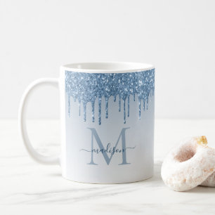 Dusty Blue Glitzer Tropfen Sparkle Monogram Script Kaffeetasse