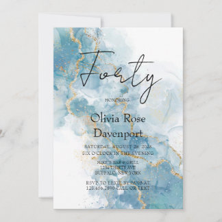 Dusty Blue & Gold Alkohol Tinte 40. Geburtstag Par Einladung