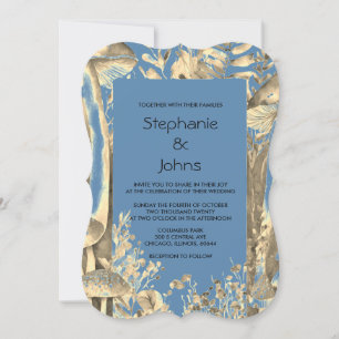Dusty Blue Gold Artistic Mushroom Woodland Wedding Einladung