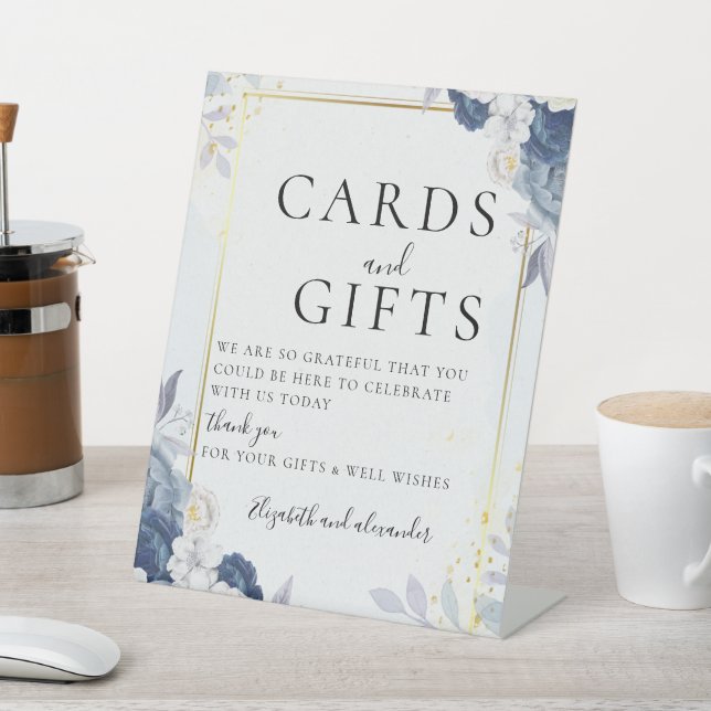 Dusty Blue Gold Blumenzwiebelkarten & Geschenke Sockelschild (In SItu)