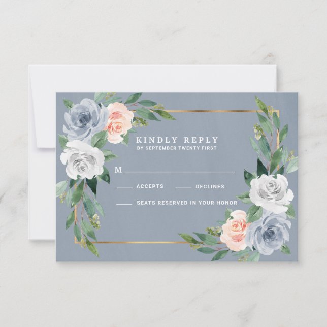 Dusty Blue Gold Blush Peach Wedding RSVP Cards Karte (Vorderseite)