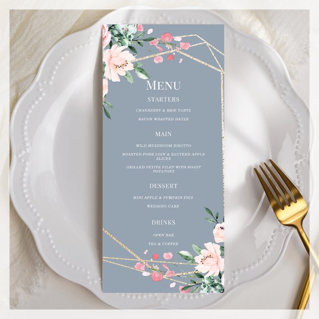 Dusty Blue | Gold | Blush Pink Floral Wedding Menükarte (Von Creator hochgeladen)