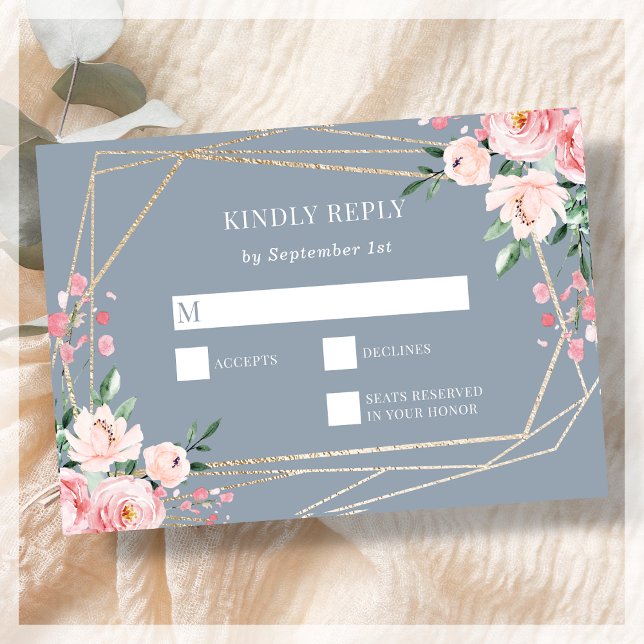 Dusty Blue | Gold | Blush Pink Floral Wedding RSVP Karte (Von Creator hochgeladen)
