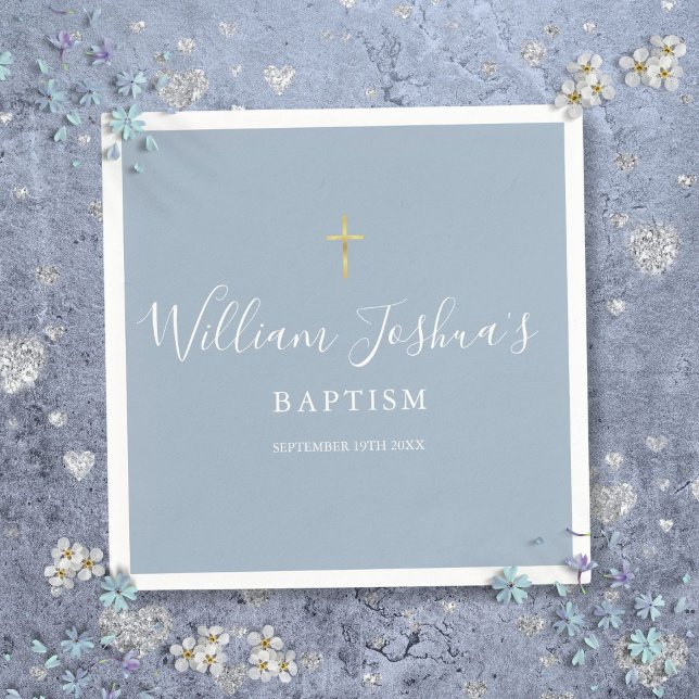Dusty Blue Gold Cross Taufe Christening Serviette (Dusty Blue Gold Cross Baptism Christening Napkins)
