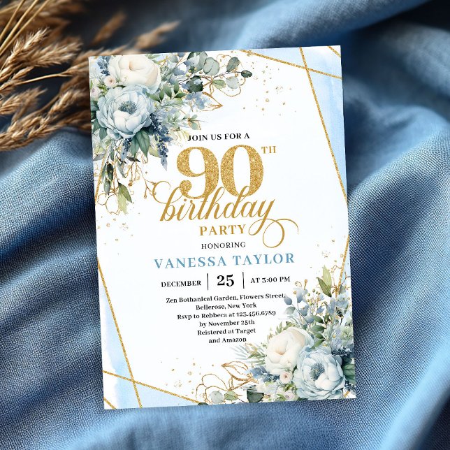Dusty blue gold elegant florals 90th birthday card einladung (Dusty blue gold elegant florals 90th birthday party card)