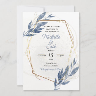 Dusty Blue Gold Elegante Moderne Luxus Hochzeitsre Einladung