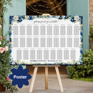 Dusty Blue Gold Floral 29 Tische Hochzeitssitze Poster