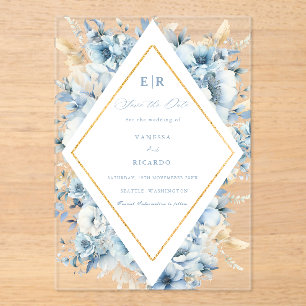 Dusty Blue Gold Floral Bloom bei einer Hochzeit Acryleinladungen