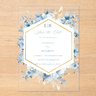 Dusty Blue Gold Floral Bloom bei einer Hochzeit Acryleinladungen