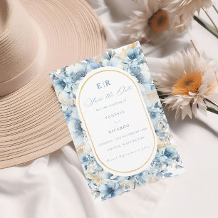 Dusty Blue Gold Floral Bloom bei einer Hochzeit Einladung