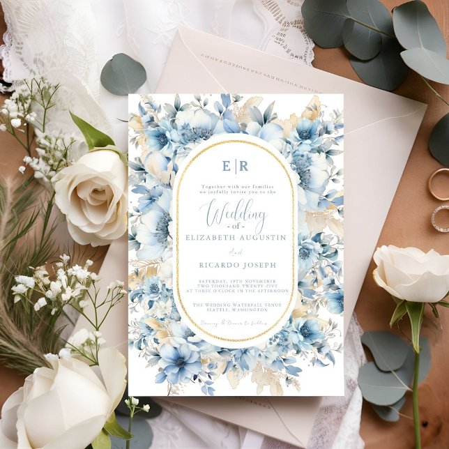 Dusty Blue Gold Floral Bloom bei einer Hochzeit Einladung (Von Creator hochgeladen)