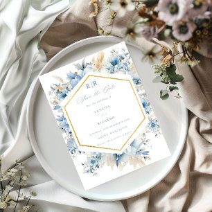 Dusty Blue Gold Floral Bloom bei einer Hochzeit Save The Date