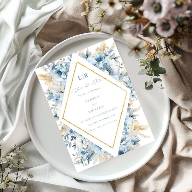 Dusty Blue Gold Floral Bloom bei einer Hochzeit Save The Date (Von Creator hochgeladen)