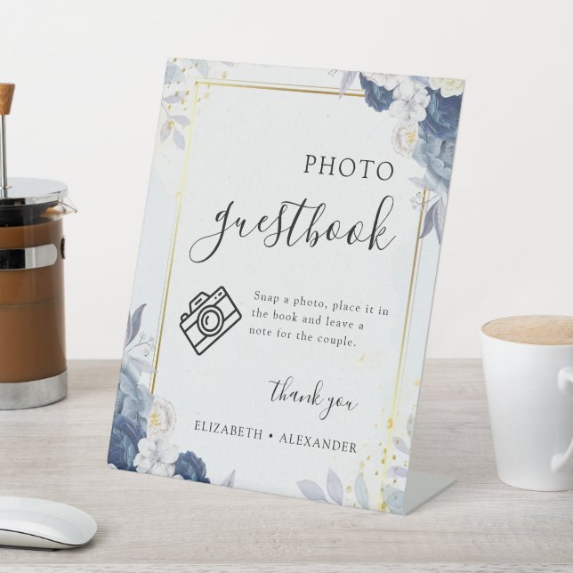 Dusty Blue Gold Floral Hochzeitsbuch Foto Sockelschild (In SItu)