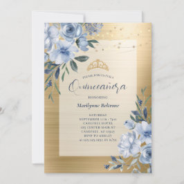 Dusty Blue Gold Floral Quinceañera Einladung