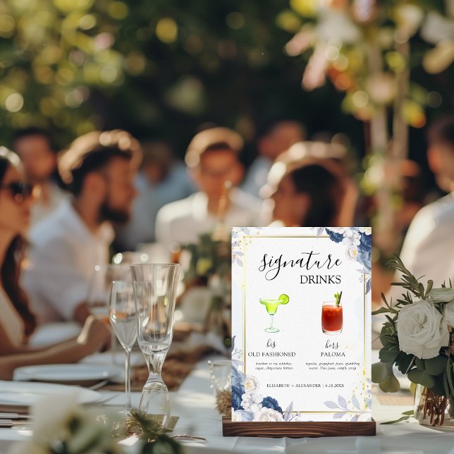 Dusty Blue Gold Floral Signature Drink Hochzeit Ba Sockelschild (Von Creator hochgeladen)