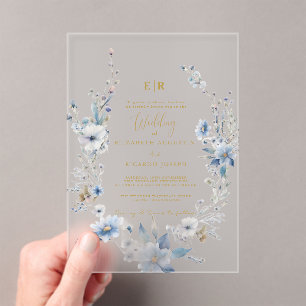 Dusty Blue Gold Floral Spring Bloom Wedding Acryleinladungen