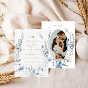 Dusty Blue Gold Floral Spring Bloom Wedding Einladung