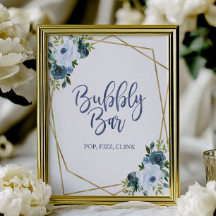 Dusty Blue Gold Floral Watercolor Bubbly Bar Sign Poster