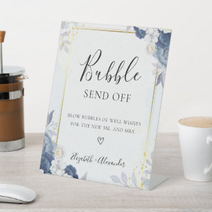 Dusty Blue Gold Floral Wedding Bubble Sign Sockelschild