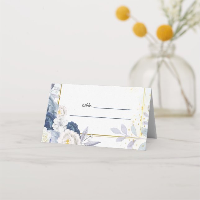 Dusty Blue Gold Floral Wedding Platzkarte (Vorderseite)