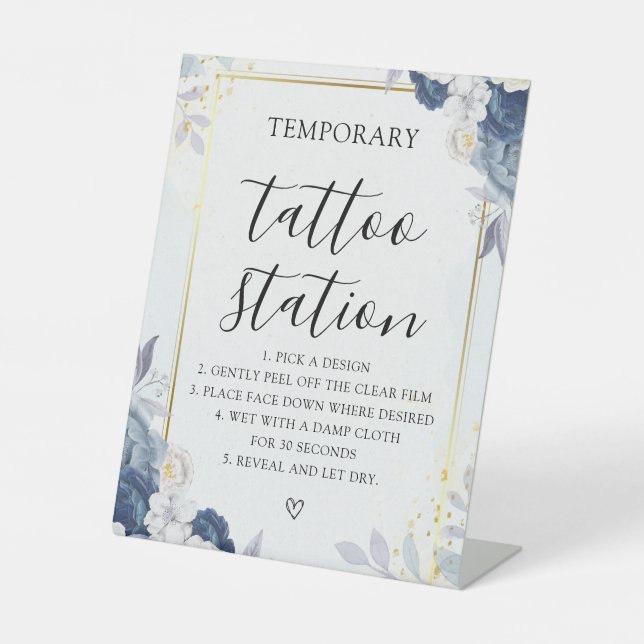 Dusty Blue Gold Floral Wedding Tattoo Sign Sockelschild (Vorderseite)