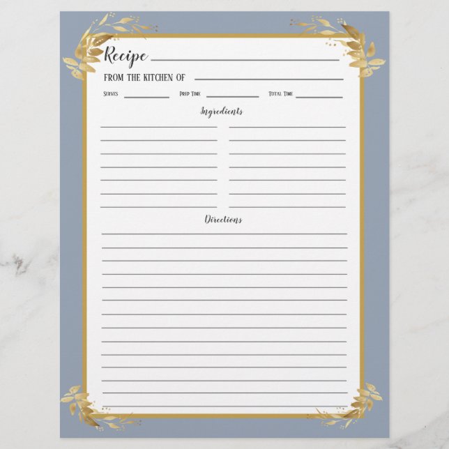 Dusty Blue Gold Foliage Recipe Binder Page (Vorderseite)