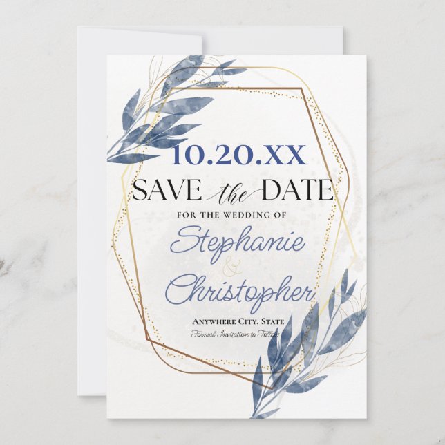 Dusty Blue Gold Frame Eukalyptus Save the Date Einladung (Vorderseite)