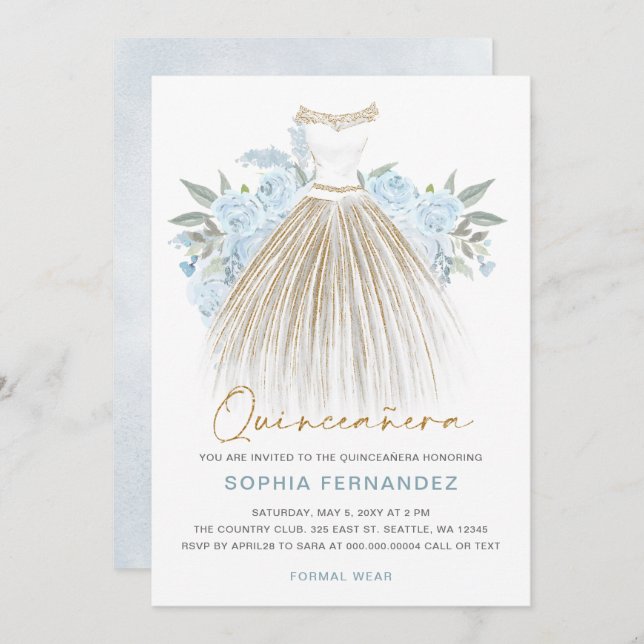 Dusty Blue Gold Glitzer Blumenkleid Quinceañera Einladung (Vorne/Hinten)