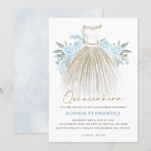 Dusty Blue Gold Glitzer Blumenkleid Quinceañera Einladung