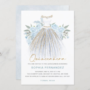 Dusty Blue Gold Glitzer Blumenkleid Quinceañera Einladung