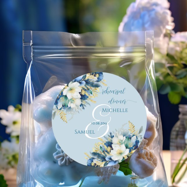 Dusty Blue Gold Glitzer Floral Probe Dinner Runder Aufkleber (Von Creator hochgeladen)