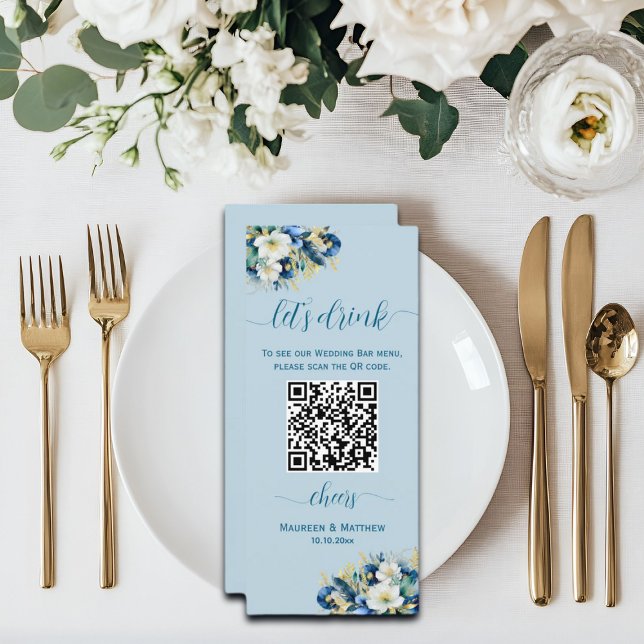 Dusty Blue Gold Glitzer Floral QR Code Bar Menükarte (Von Creator hochgeladen)