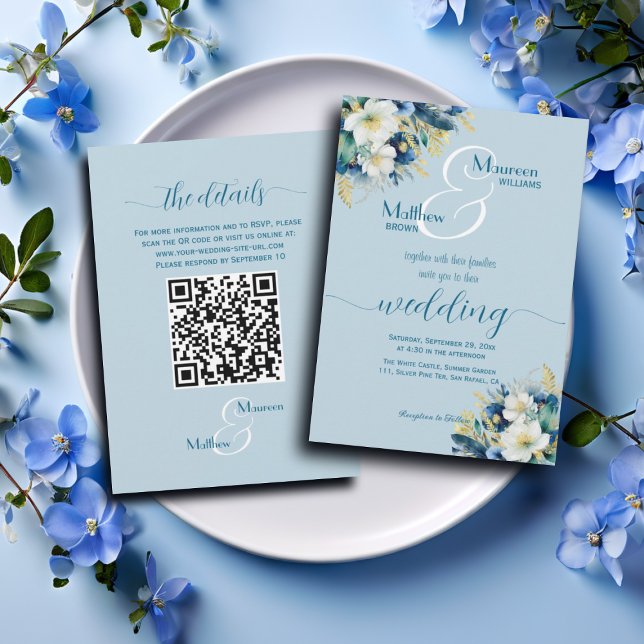 Dusty Blue Gold Glitzer Floral QR Code Wedding Einladung (Von Creator hochgeladen)