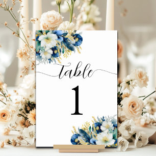 Dusty Blue Gold Glitzer Floral Tischnummer