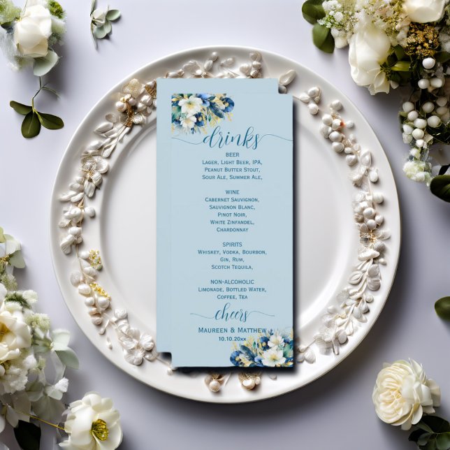 Dusty Blue Gold Glitzer Floral Wedding Bar Menu Menükarte (Von Creator hochgeladen)