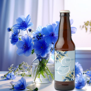 Dusty Blue Gold Glitzer Floral Wedding Bierflaschenetikett