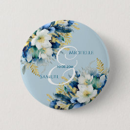 Dusty Blue Gold Glitzer Floral Wedding Button