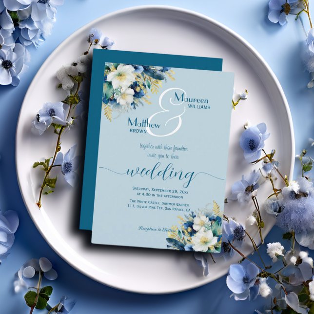 Dusty Blue Gold Glitzer Floral Wedding Einladung (Von Creator hochgeladen)