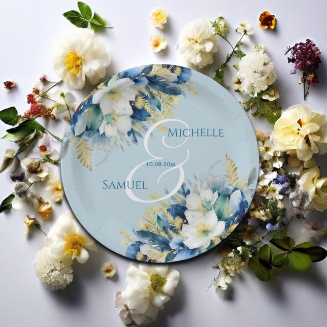 Dusty Blue Gold Glitzer Floral Wedding Pappteller (Von Creator hochgeladen)