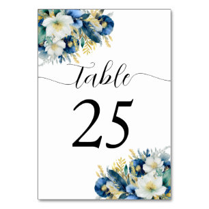 Dusty Blue Gold Glitzer Floral Wedding Tischnummer