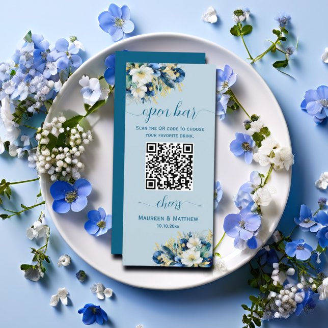 Dusty Blue Gold Glitzer QR Code Hochzeit Open Bar Menükarte (Von Creator hochgeladen)