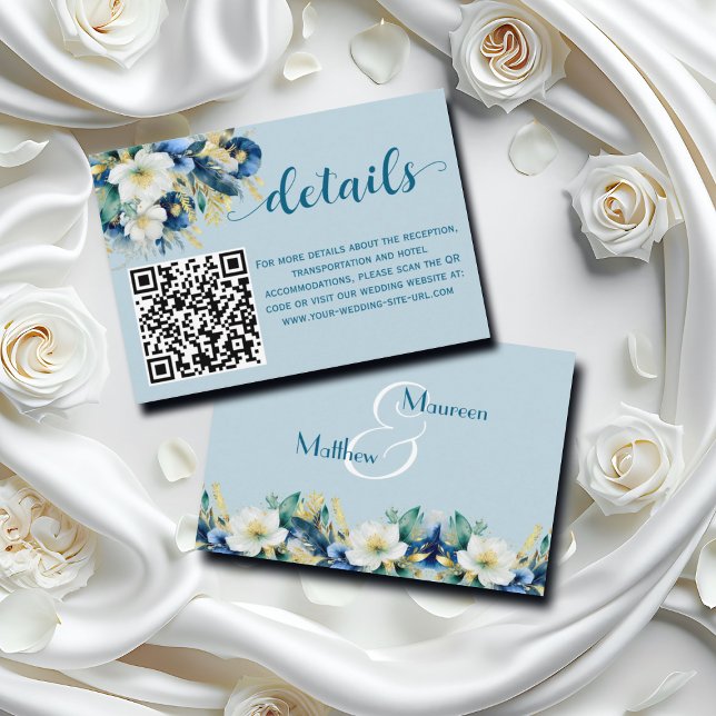 Dusty Blue Gold Glitzer QR Code Hochzeitdetails Begleitkarte (Von Creator hochgeladen)