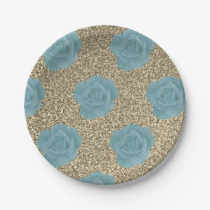 Dusty Blue Gold Glitzer Rose Brautparty Wedding Pappteller