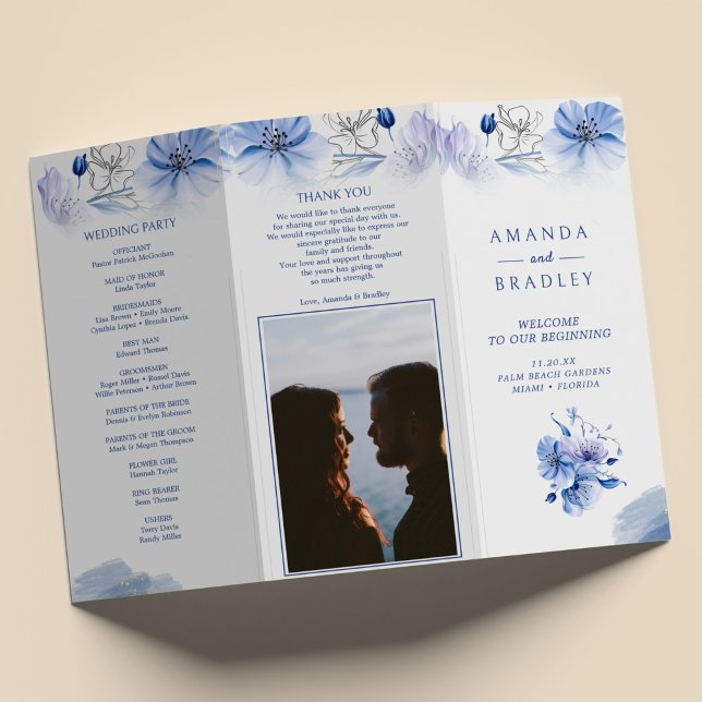 Dusty Blue & Gold Glitzer Trifold Wedding Program Flyer (Von Creator hochgeladen)