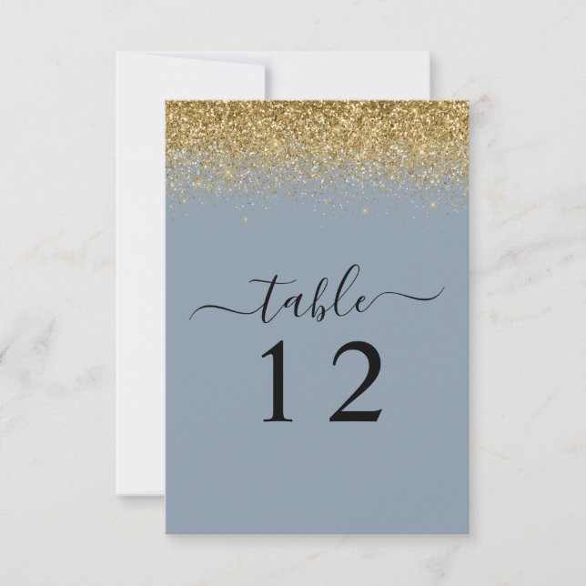 Dusty Blue & Gold Glitzer Wedding Table Card Einladung (Vorderseite)