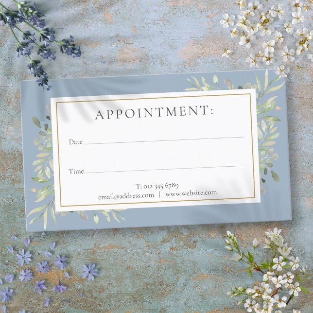 Dusty Blue Gold Greeneration Terminierungskarte Visitenkarte (Dusty Blue Gold Greenery Appointment Card)