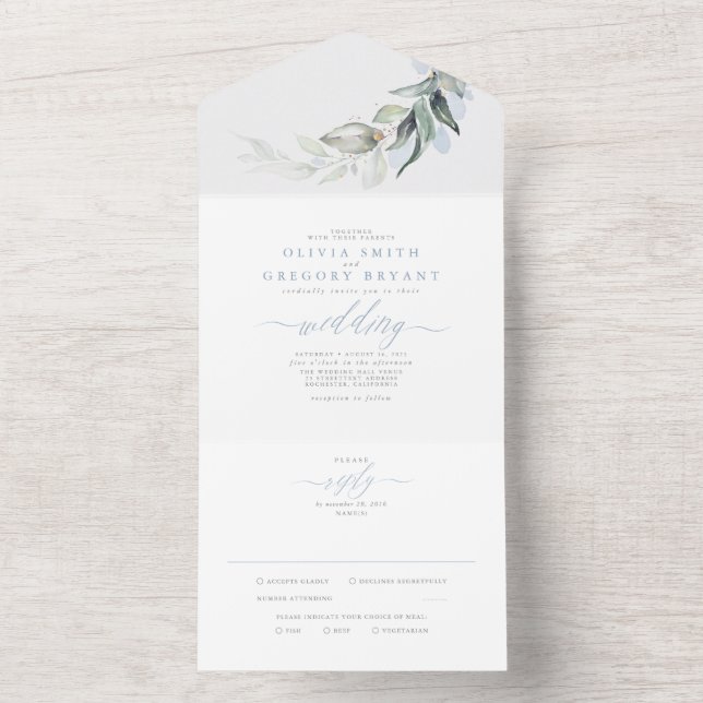 Dusty Blue Gold Greenerity Blätter Elegante Weddin All In One Einladung (Innen Boden)