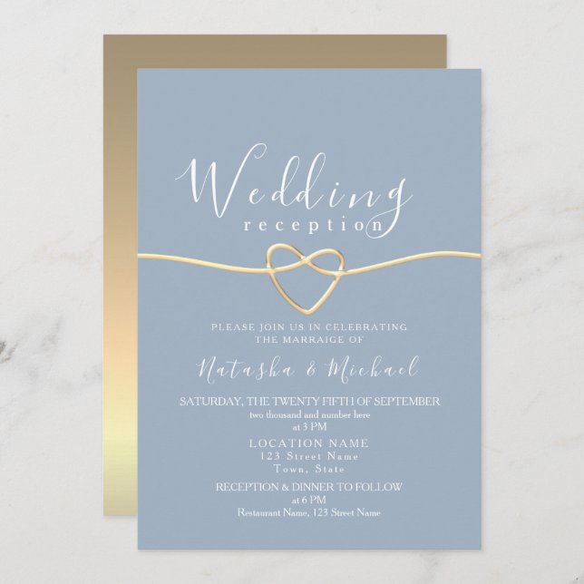 Dusty Blue Gold Heart Wedding Reception Einladung (Vorne/Hinten)