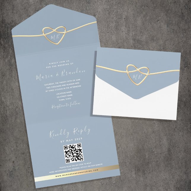 Dusty Blue Gold Hochzeit Einladung mit QR Code (Von Creator hochgeladen)